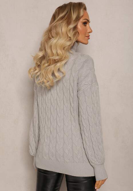 Szary Sweterkowy Golf o Warkoczykowym Splocie Taitusi