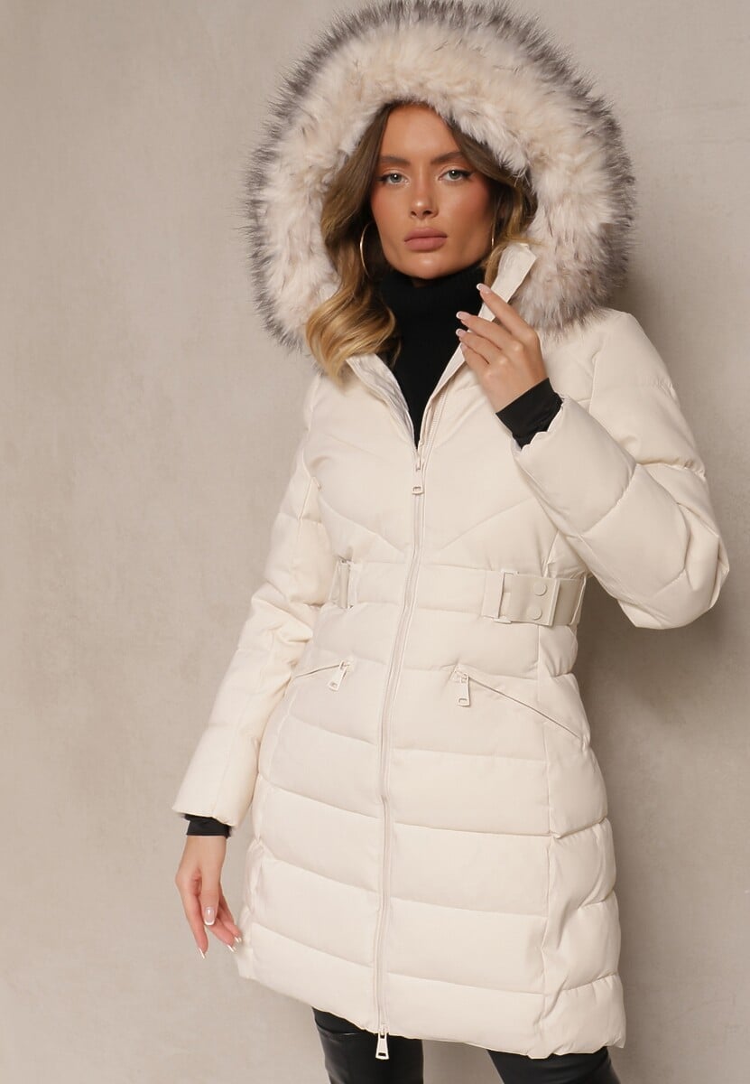 Jasnobeżowa Pikowana Kurtka Zdobiona Elastycznym Paskiem i Dwustronnym Suwakiem Innarelle