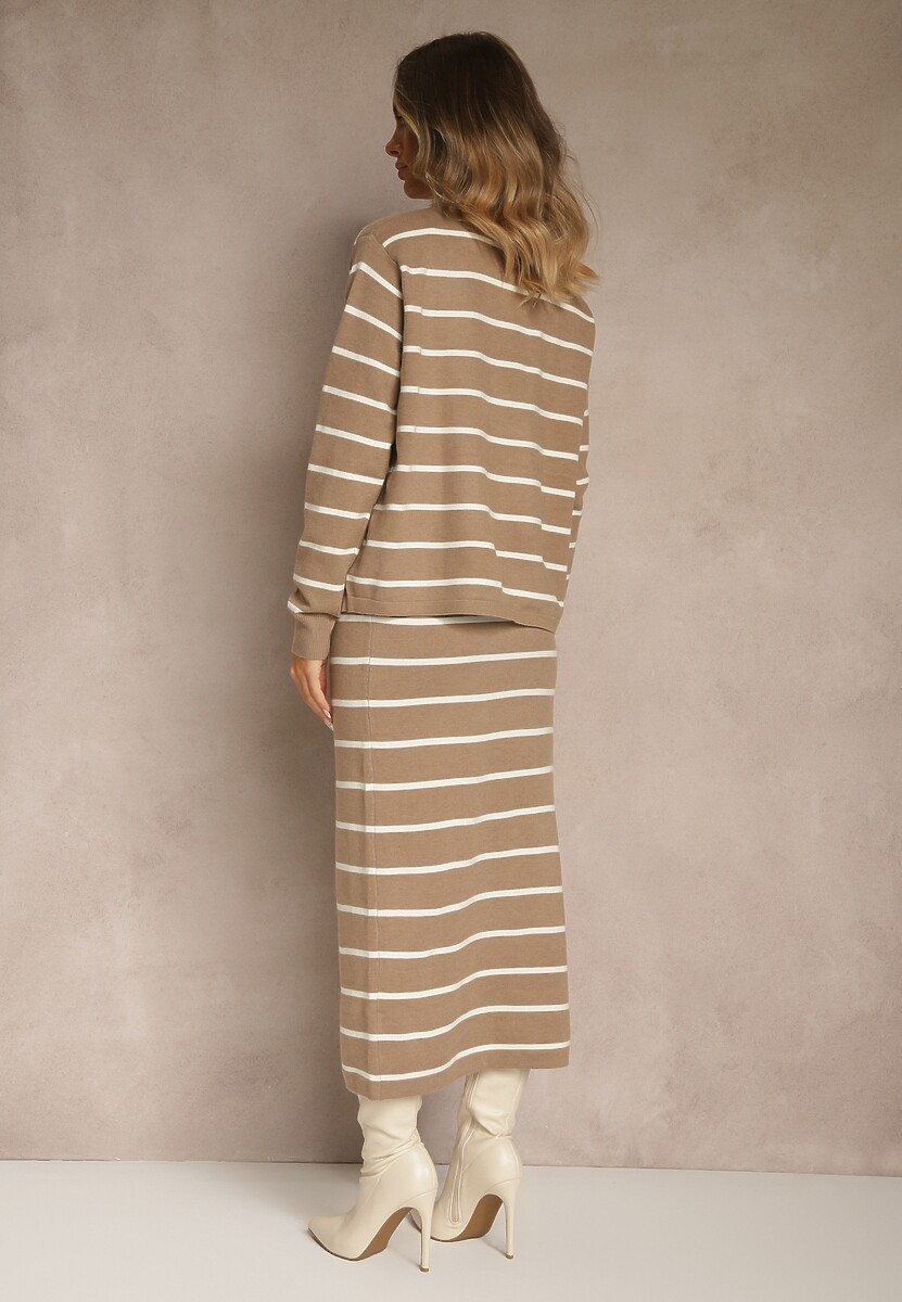 Beżowy Komplet z Wiskozą Spódnica i Bluzka z Guzikami Ozdobione Paskami Forrive