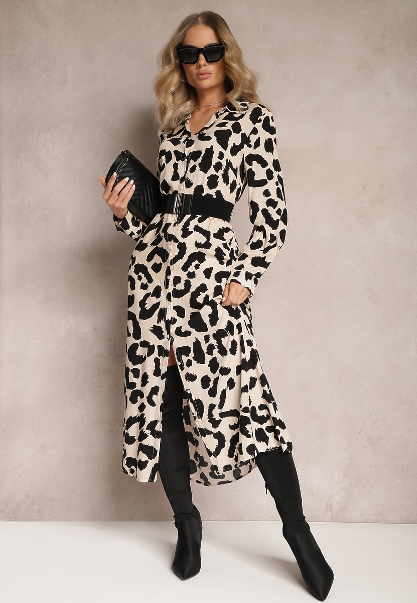 Czarna Sukienka Koszulowa w Cętki z Paskiem Canahy