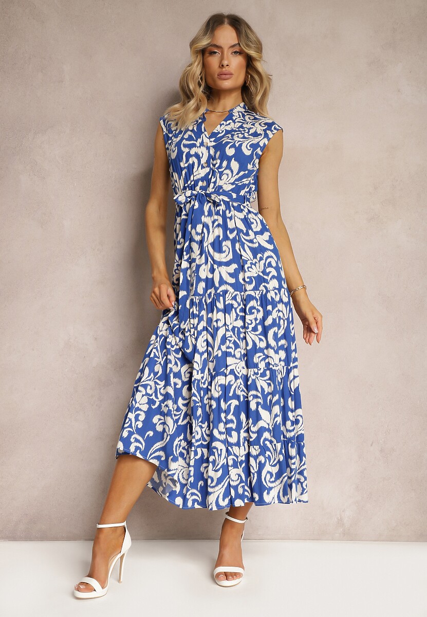 Granatowo-Biała Wiskozowa Sukienka z Gumką w Talii i Materiałowym Paskiem Zapinana na Guziki Viealia