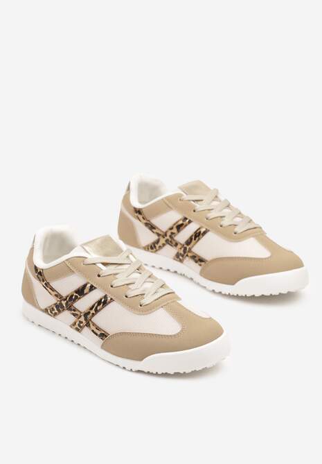 Ciemnobeżowe Sneakersy na Płaskiej Podeszwie z Geometrycznym Wzorem w Panterkę Rivmi