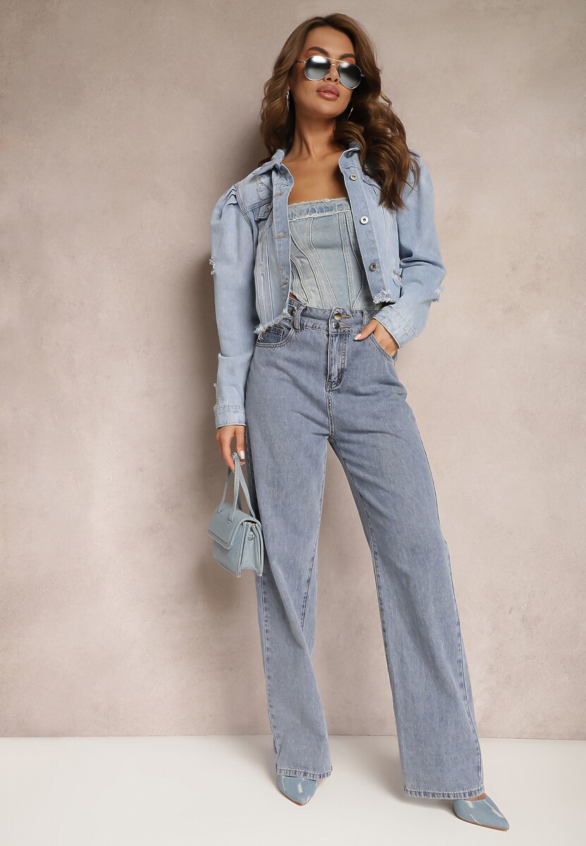 Jasnoniebieskie Szerokie Jeansy z Wysoką Ozdobną Talią Florati