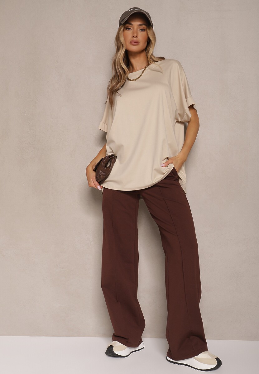 Beżowy T-shirt z Wiskozą o Fasonie Nietoperza Tanalitha