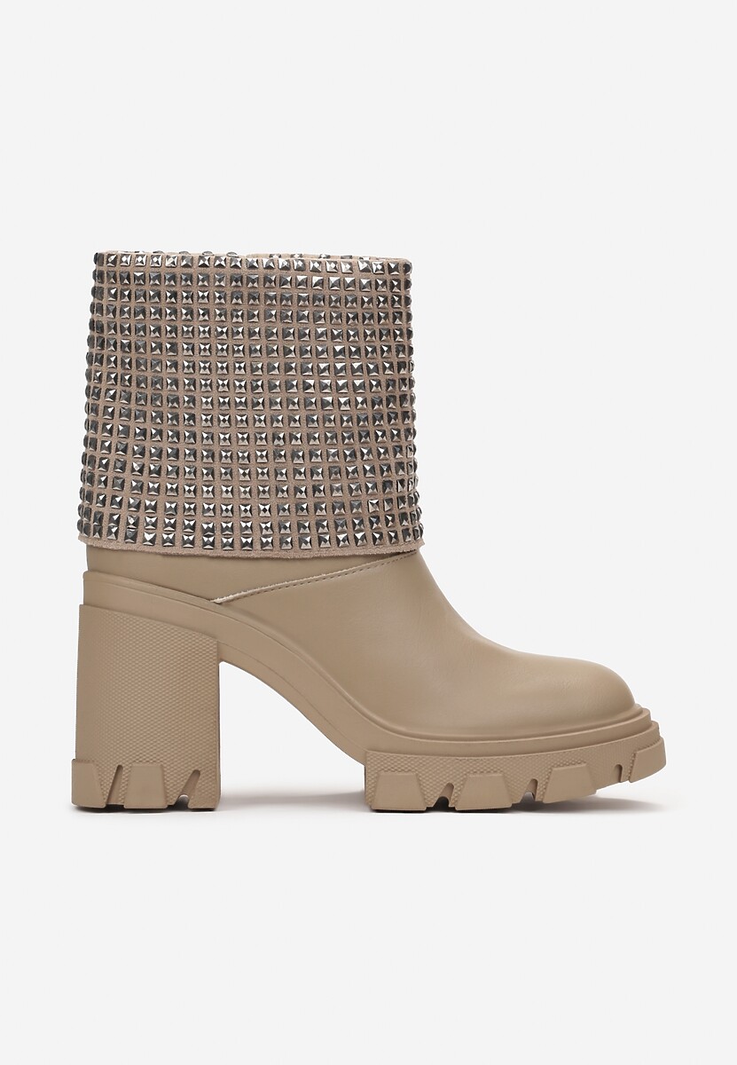 Ciemnobeżowe Botki z Wywiniętą Cholewką Ozdobioną Cyrkoniami na Platformie i Słupku Felirok