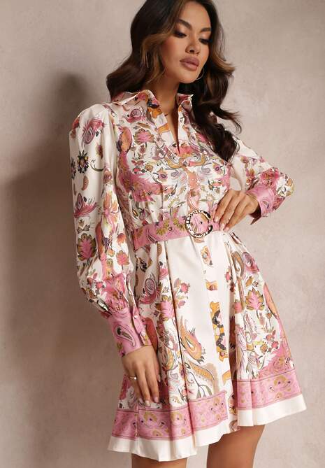 Jasnobeżowa Koszulowa Sukienka Satynowa z Paskiem Natilo