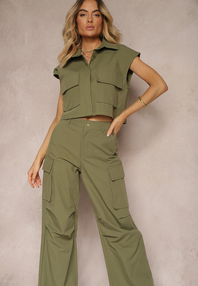 Beżowy Komplet z Bawełny Spodnie w Stylu Cargo Koszula Zapinana na Guziki z Kieszeniami Dimnas