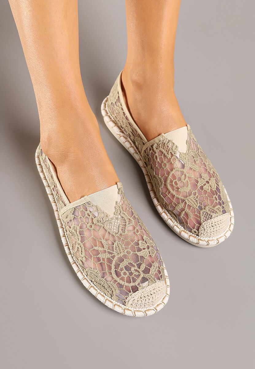 Ciemnobeżowe Espadryle z Plecionką i Koronką Merarilia