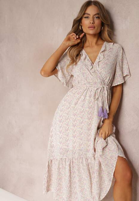 Różowo-Fioletowa Sukienka Midi z Falbankami Kopertowym Dekoltem i Gumką w Pasie Denila