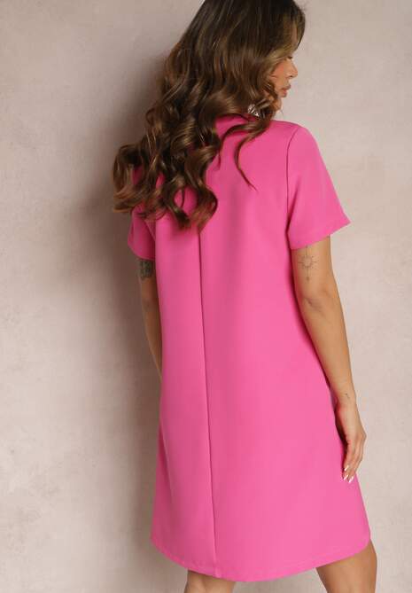Fuksjowa Trapezowa Sukienka Mini z Krótkim Rękawem i Kieszeniami Vrea