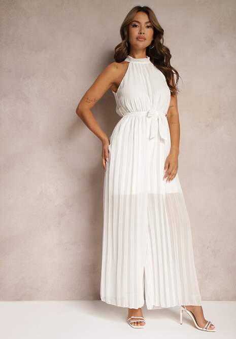 Biały Kombinezon z Dekoltem Typu Halter i Gumką w Talii Zolefia