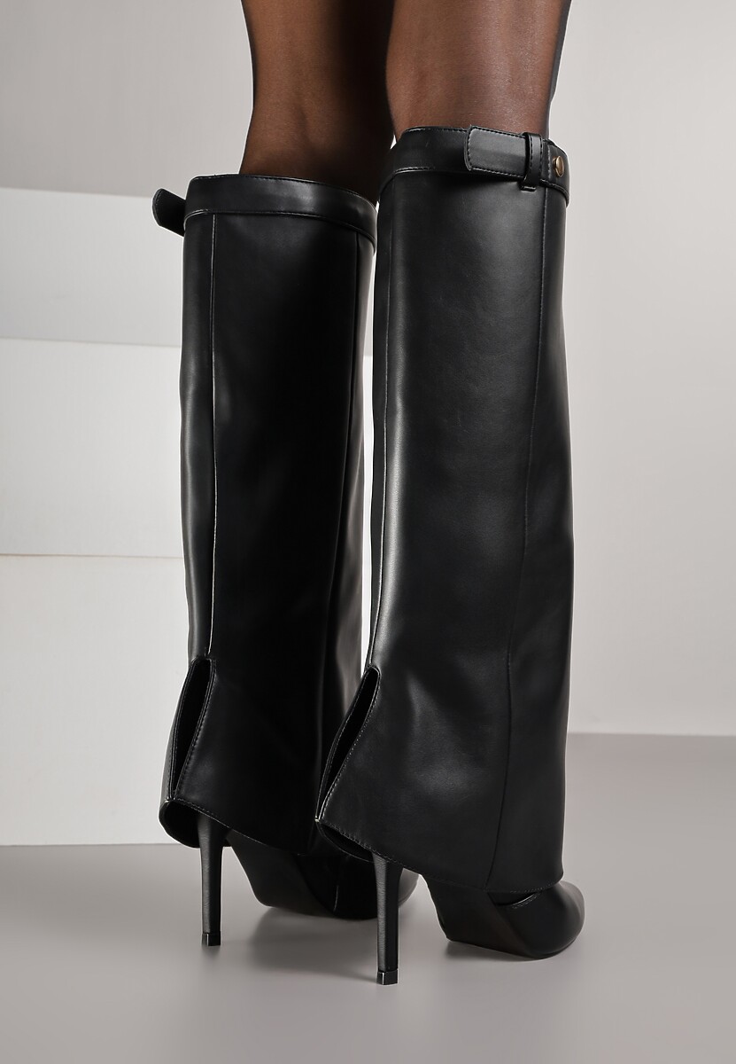 Czarne Kozaki na Obcasie Typu Szpilka z Wywiniętą Cholewką Lavemesse