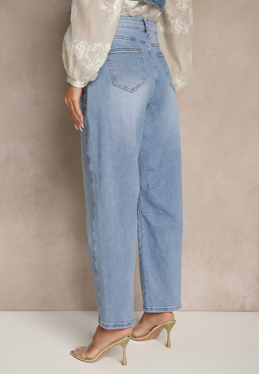 Niebieskie Jeansy Balloon High Waist z Przeszyciami na Wysokości Kolan Nollimi