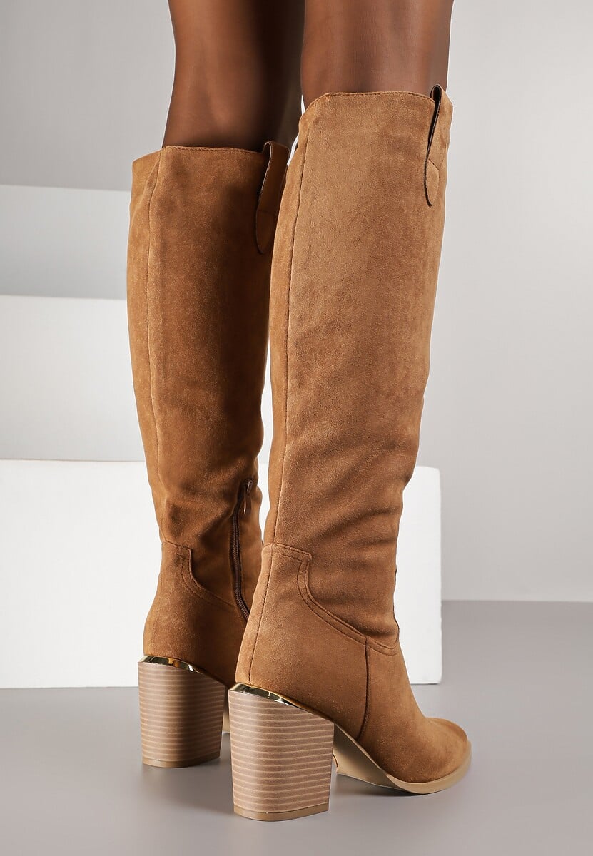 Brązowe Kozaki Vices na Słupku Ozdobione Metaliczną Wstawką Moriane