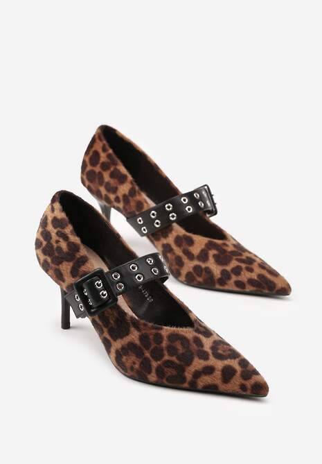 Panterkowe Czółenka Vices na Szpilce z Wkładką ze Skóry Naturalnej z Klamrą Nalisette