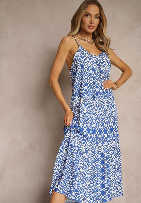 Niebieska Bawełniana Sukienka w Geometryczny Wzór Koloniela