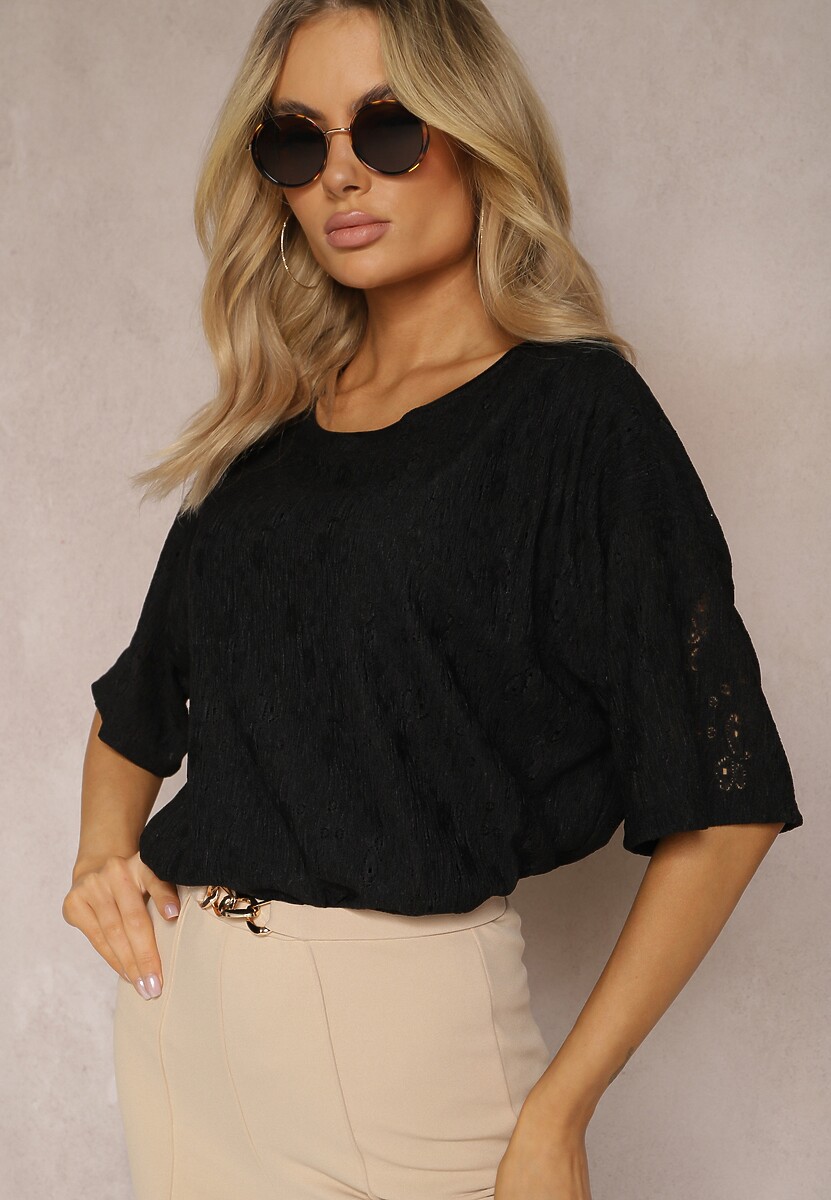 Jasnoniebieska Koronkowa Bluzka z Krótkim Rękawkiem Ulalia