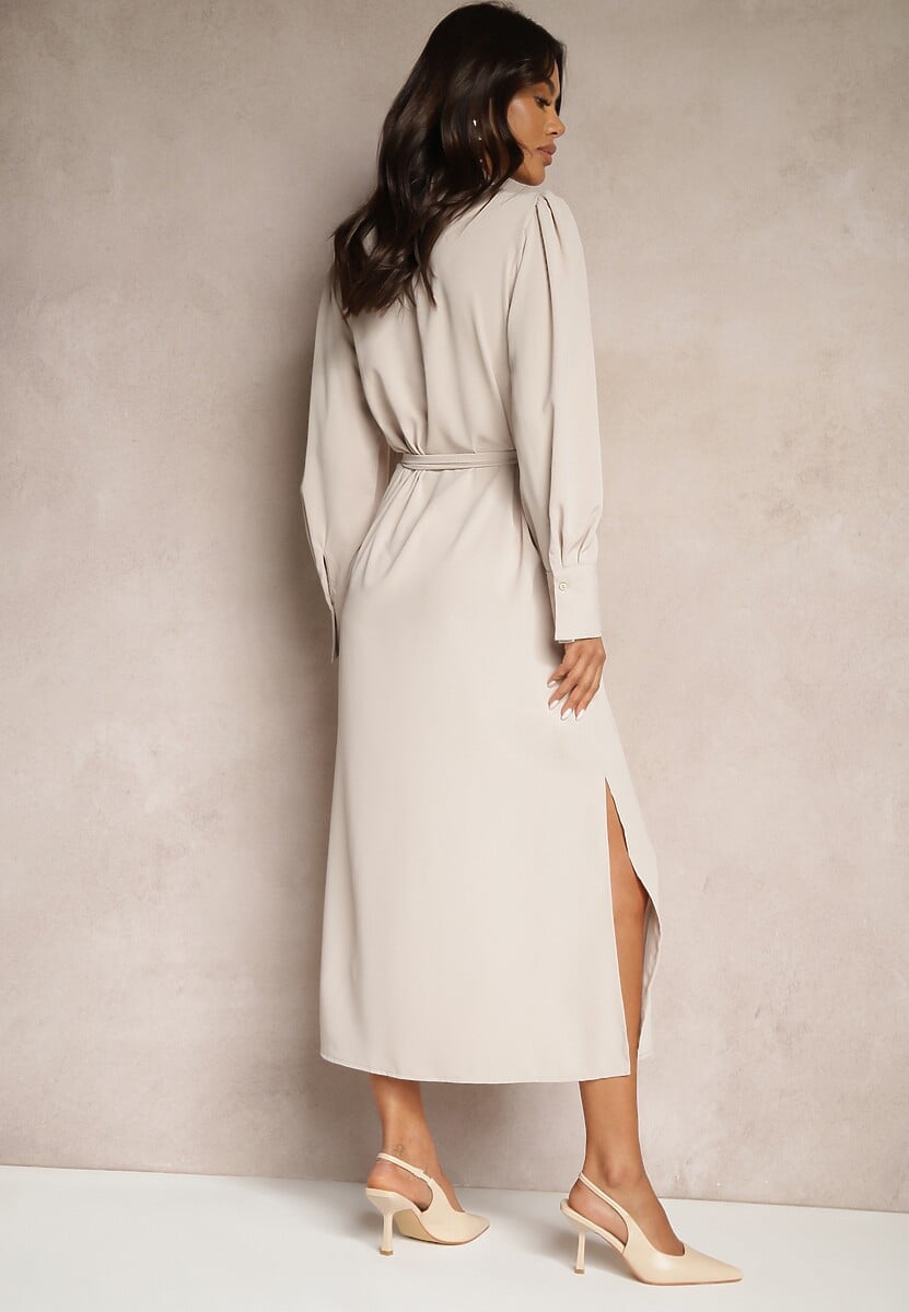 Beżowa Koszulowa Sukienka Ozdobiona Koralikami Cekinami i Paskiem Tidanis