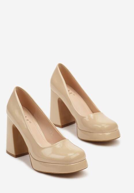 Beżowe Czółenka na Obcasie z Kwadratowym Noskiem i Lakierowanym Połyskiem Viaella