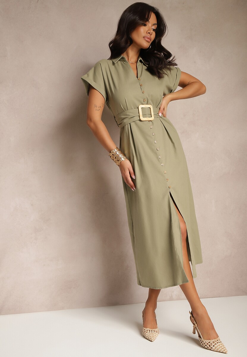 Jasnobeżowa Koszulowa Sukienka z Bawełny na Krótki Rękaw z Materiałowym Paskiem Celirna