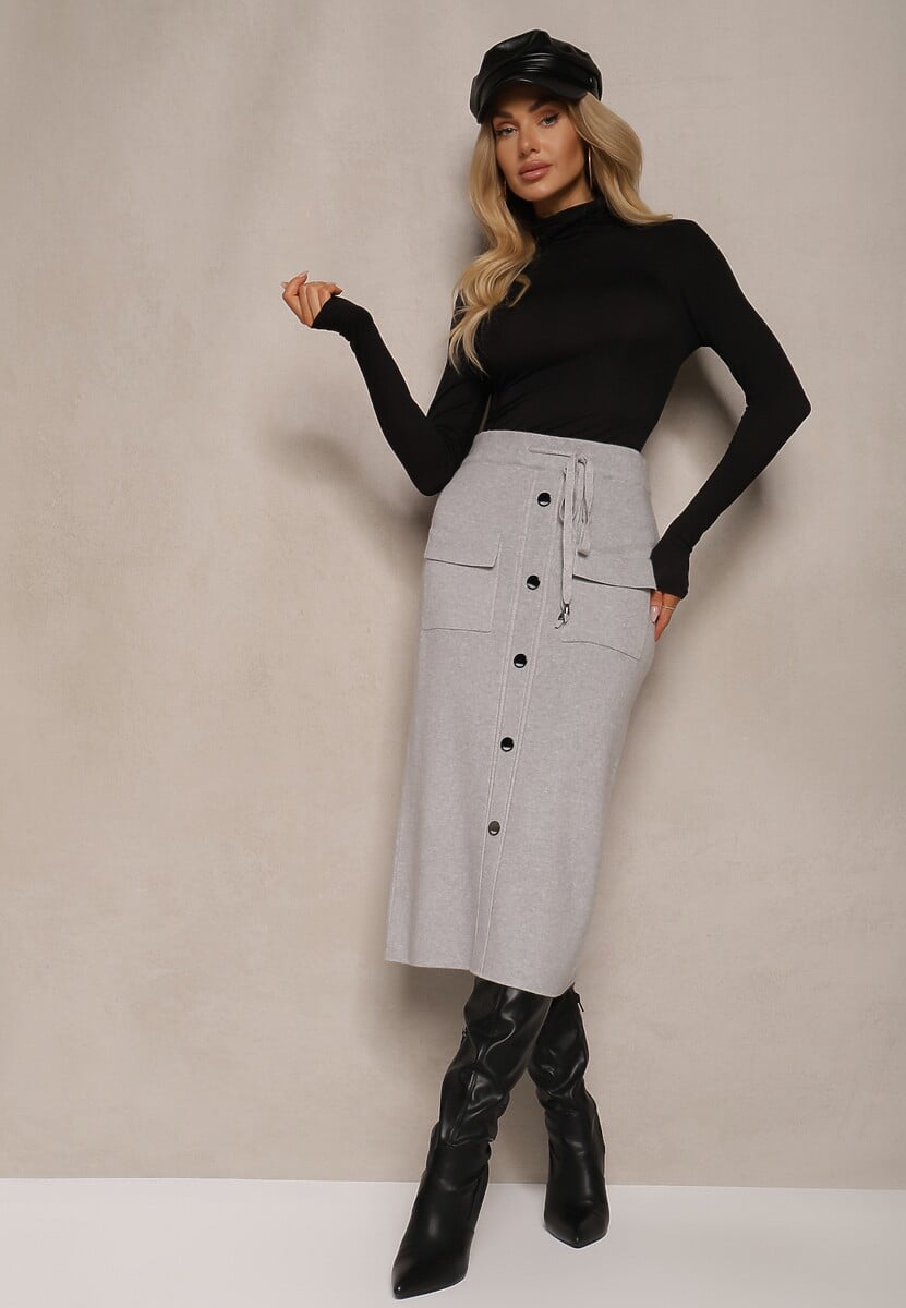Jasnoszara Spódnica Ołówkowa z Kaszmirem High Waist z Ozdobnymi Guzikami i Kieszeniami Edithwen
