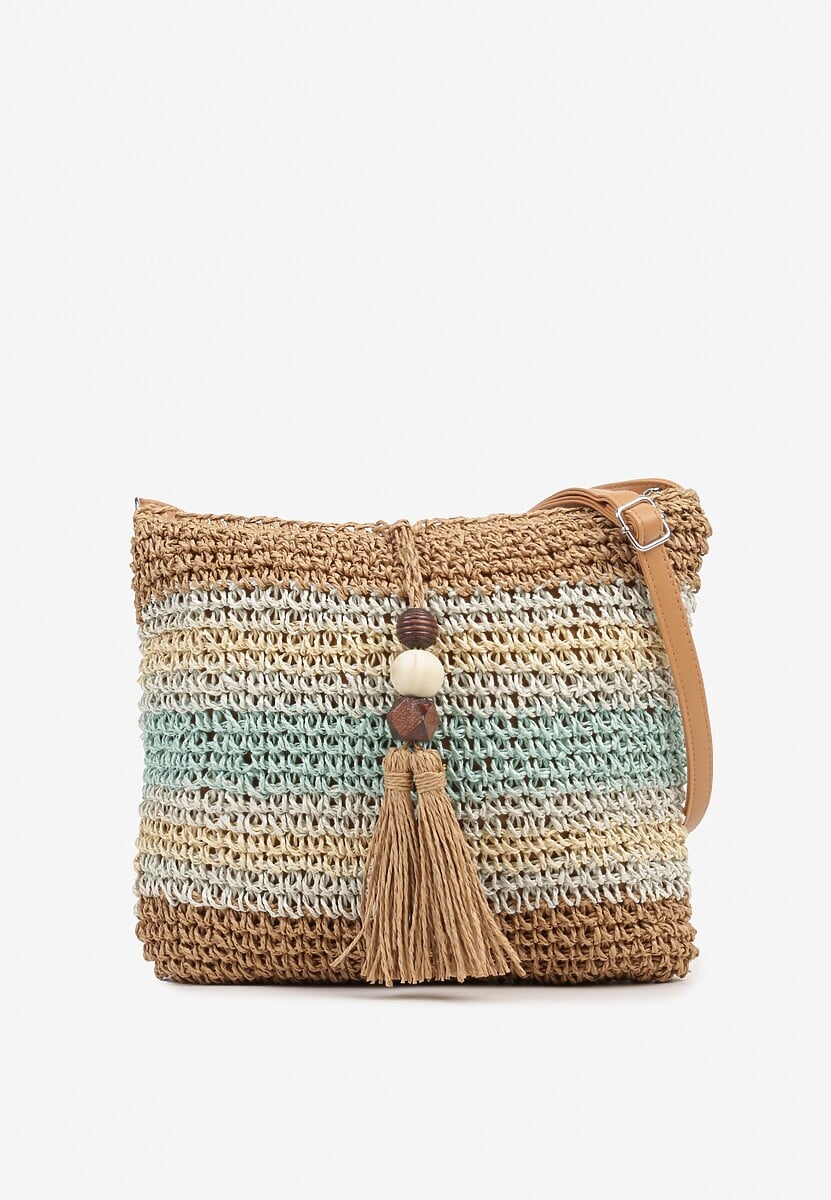 Beżowo-Niebieska Pleciona Torebka z Koralikami i Frędzlami Ardells