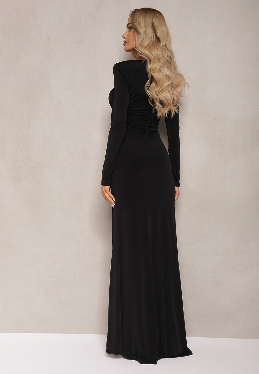 Czarna Sukienka Koktajlowa o Dopasowanym Kroju z Usztywnioną Linią Ramion i Rozcięciem Onailia