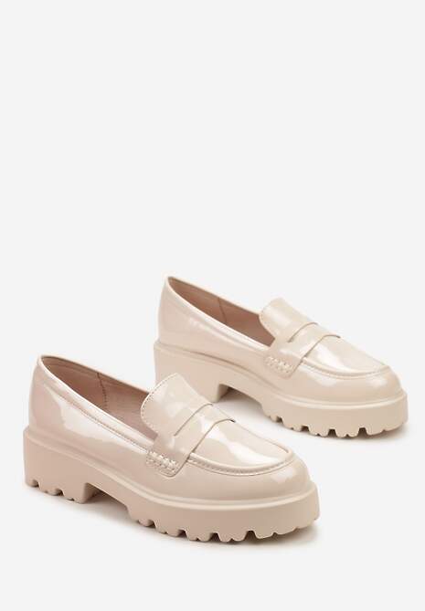 Beżowe Lakierowane Mokasyny z Grubą Podeszwą Lithara
