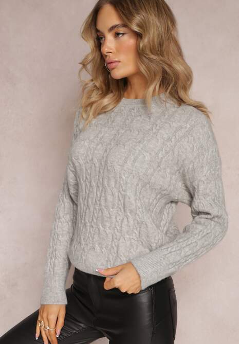 Szary Sweter z Okrągłym Dekoltem i Splotem w Warkocze Dawnitta