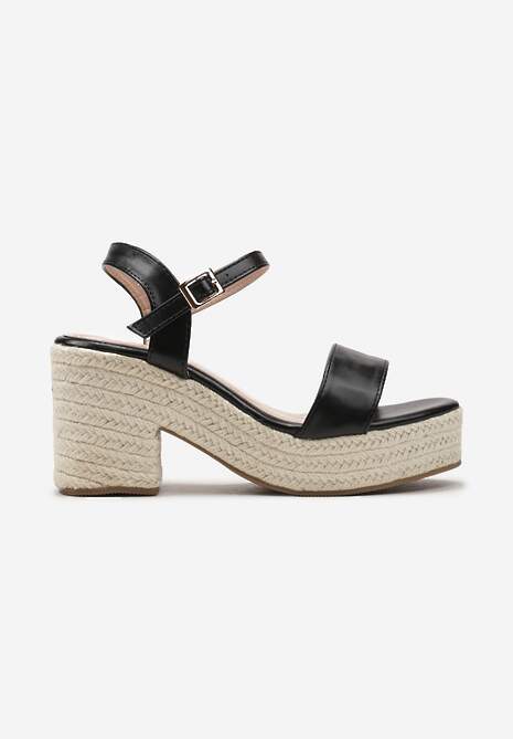 Czarne Sandały na Słupku i Platformie z Plecionką z Juty Sigarata