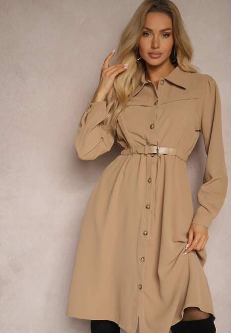 Brązowa Koszulowa Sukienka z Gumką w Talii i Paskiem z Klamerką Jenele