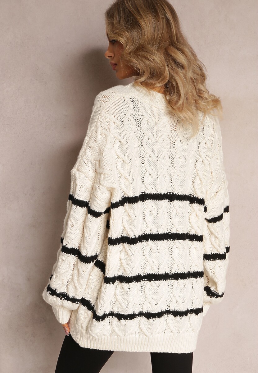 Jasnobeżowy Zapinany Kardigan w Paski i Warkoczykowy Splot Isildesa