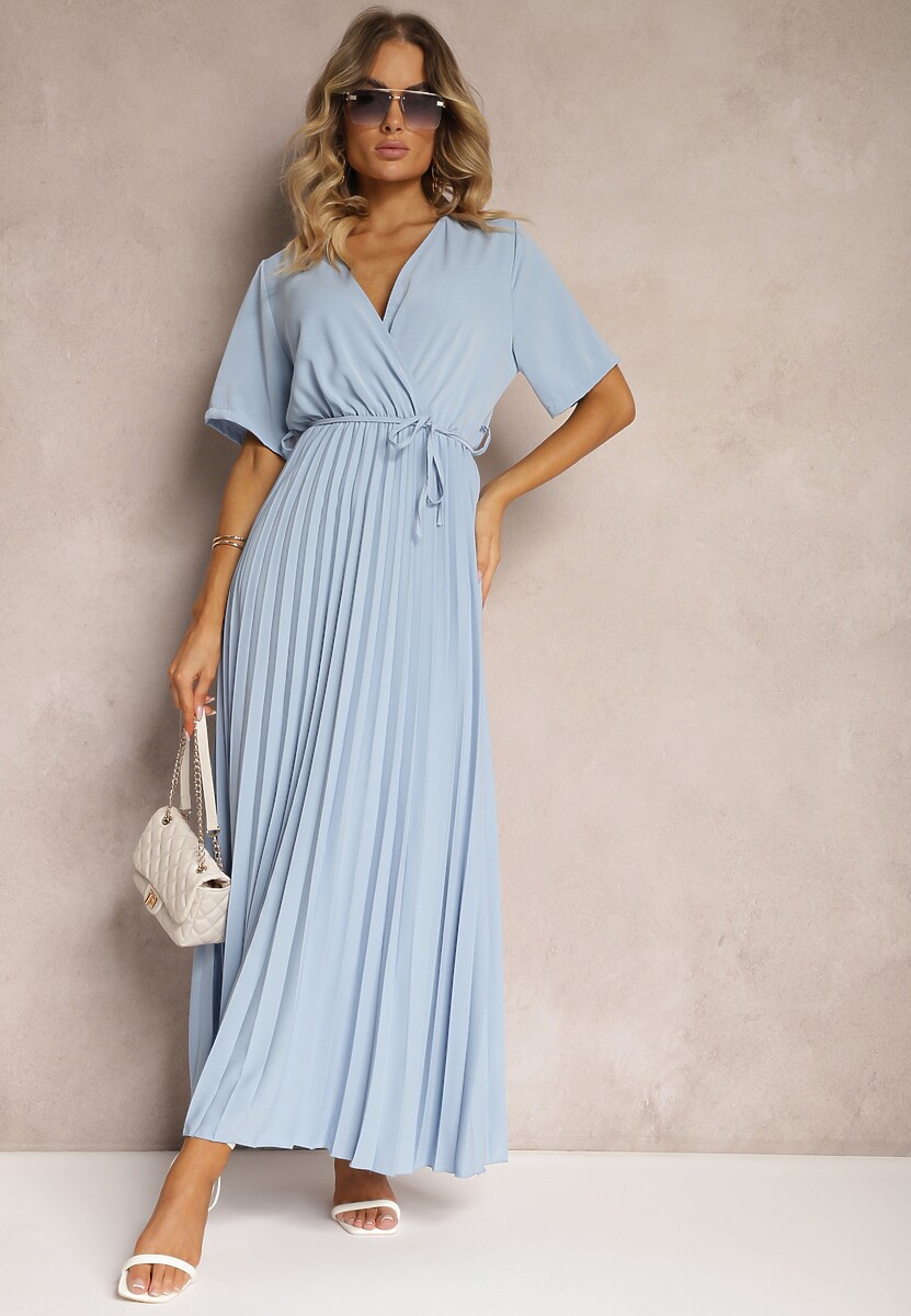 Beżowa Rozkloszowana Sukienka Plisowana z Wiązanym Paskiem Eilemona