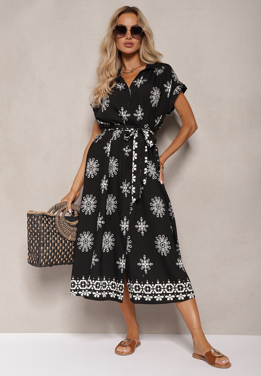 Czarna Sukienka z Dodatkiem Wiskozy o Kroju Koszulowym Wykończona Paskiem i Guzikami Mivavia