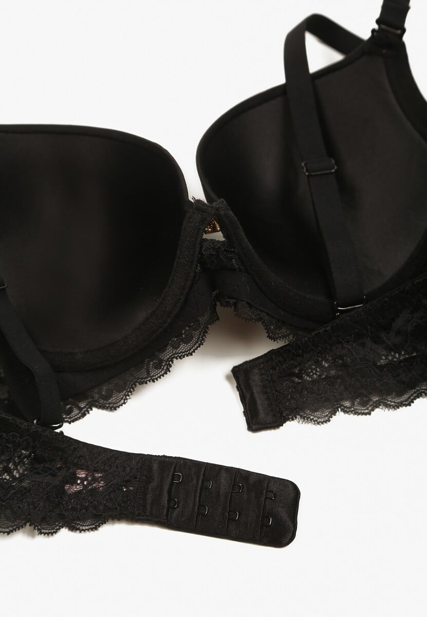 Czarny Biustonosz Full Cup z Efektem Push-Up Zdobiony Koronką Militi