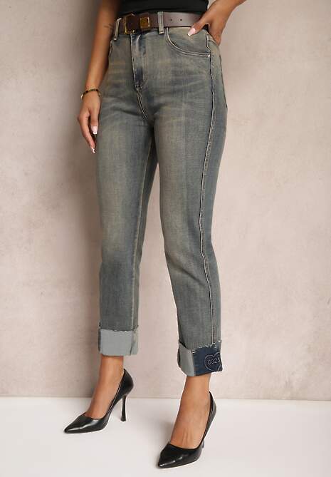 Niebiesko-Szare  Jeansy High Waist z Bawełny z Efektem Postarzenia i Modnym Paskiem Rilelle