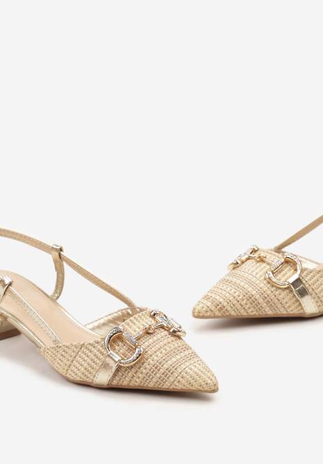 Złote Sandały Ozdobione Plecionką na Niskim Obcasie Zapinane na Sprzączkę wokół Kostki Ilottia