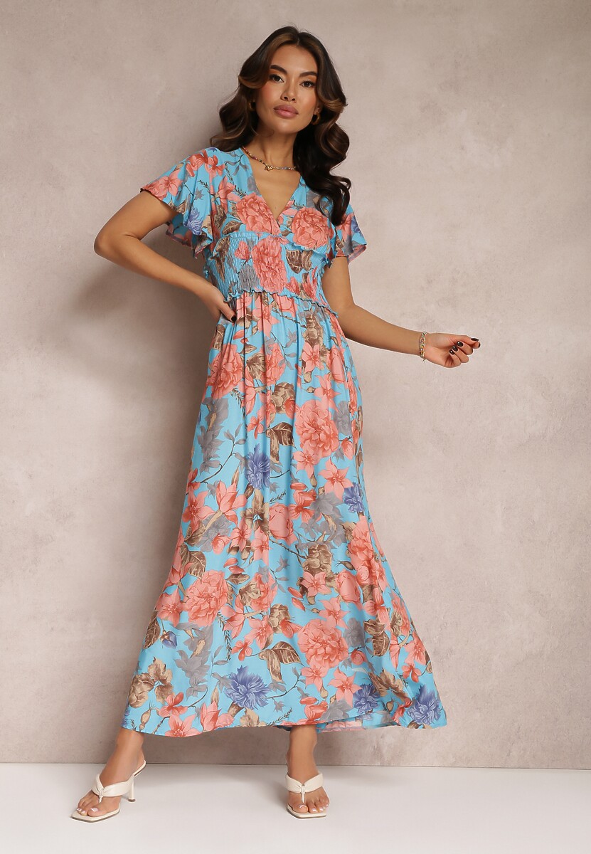 Niebieska Sukienka z Szeroką Gumką w Talii w Kwiaty Shathi