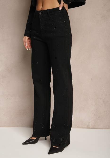 Czarne Szerokie Jeansy z Bawełną High Waist Xarseli