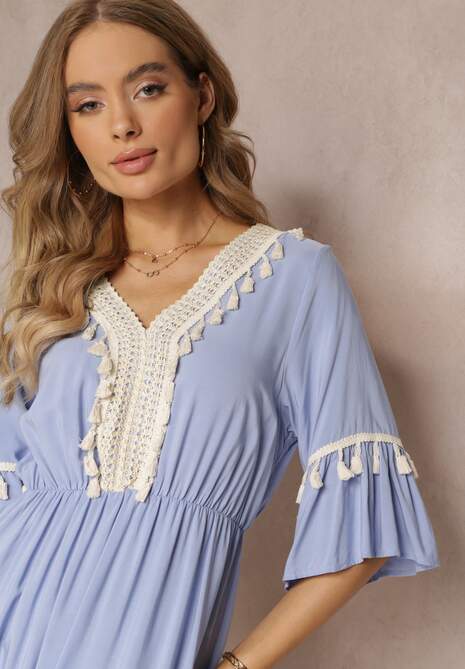 Niebieska Sukienka Maxi z Gumką w Talii z Ozdobnymi Chwostami z Wiskozy Zisel