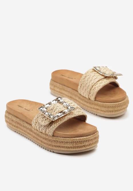 Beżowe Klapki na Grubej Podeszwie z Plecionki z Klamrą z Kryształkami Sorlise