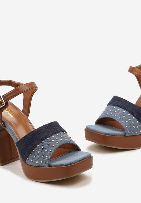 Niebieskie Sandały Zapinane wokół Kostki na Wysokim Słupku i Platformie z Nitami Trasiaga