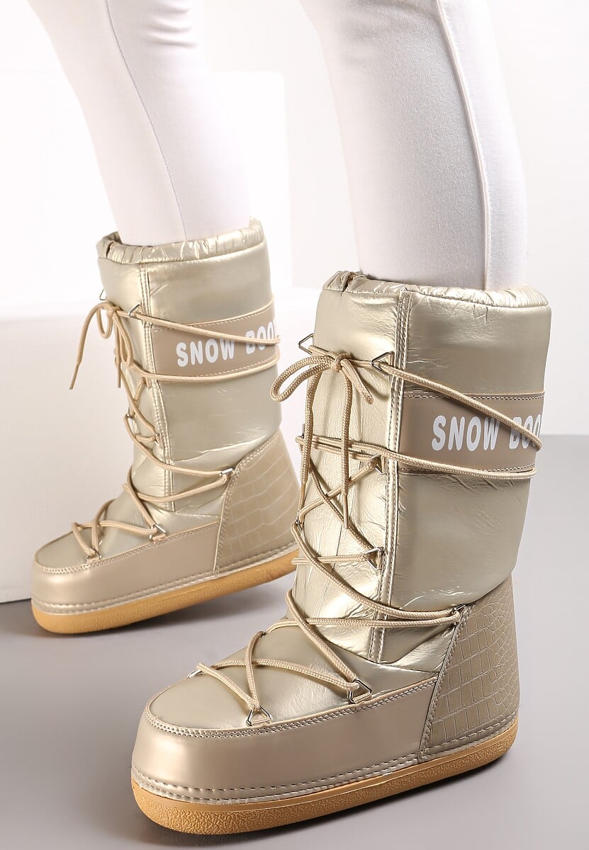 Szampańskie Wsuwane Śniegowce na Platformie z Wiązaniem i Ozdobną Taśmą Gorgona