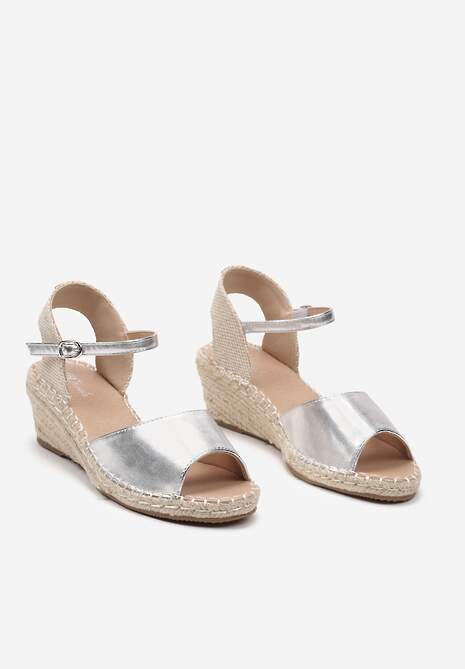 Srebrne Sandały na Koturnie z Wkładką z Ekoskóry Ozdobione Plecionką z Juty Notesa