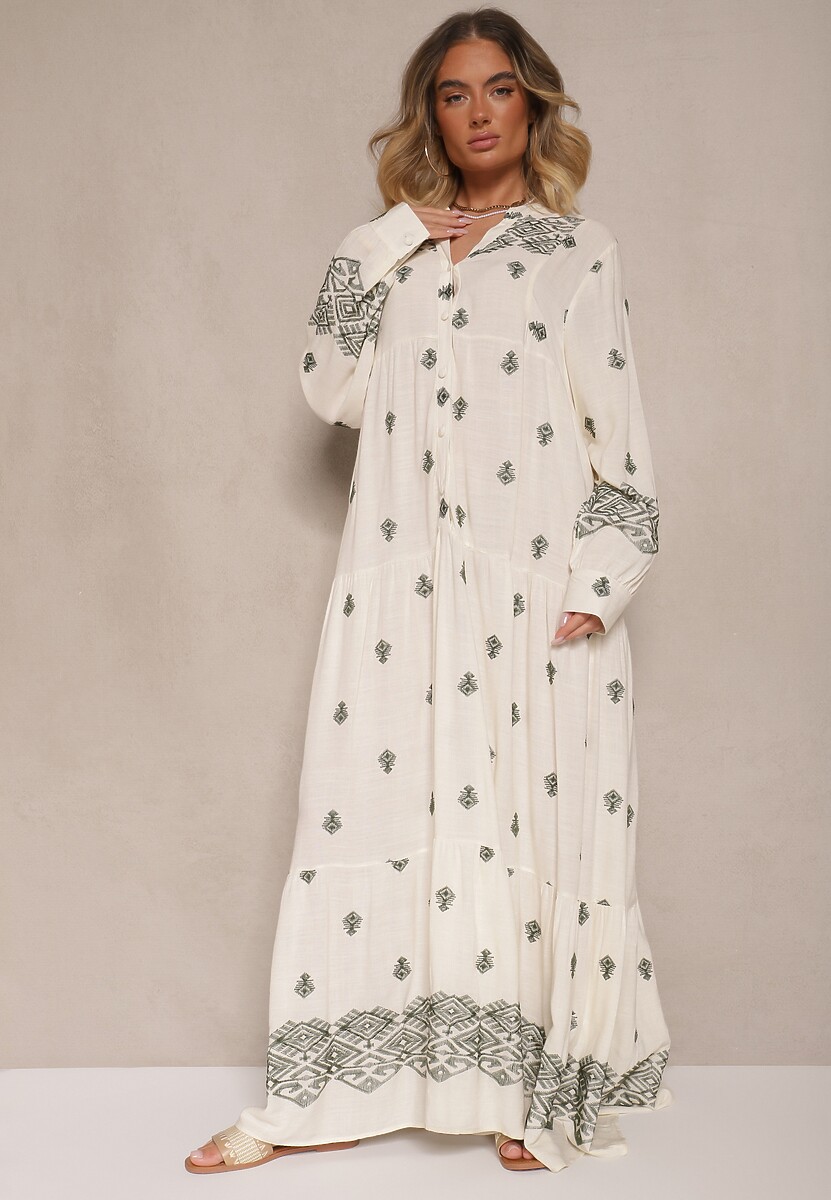 Biało-Zielona Rozkloszowana Sukienka Ozdobiona Haftem i Wzorem Boho Ronavere