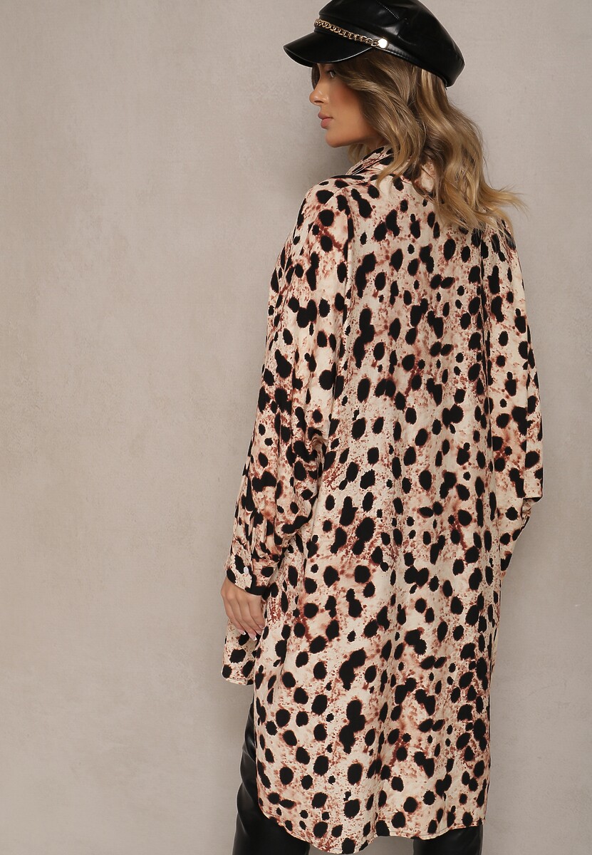 Beżowa Koszulowa Panterkowa Sukienka Typu Nietoperz z Wiskozy z Lnem Emindara
