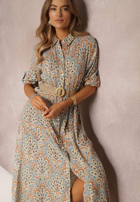 Jasnoniebieska Koszulowa Sukienka z Dodatkowym Paskiem i Podpinanymi Rękawami Alonie