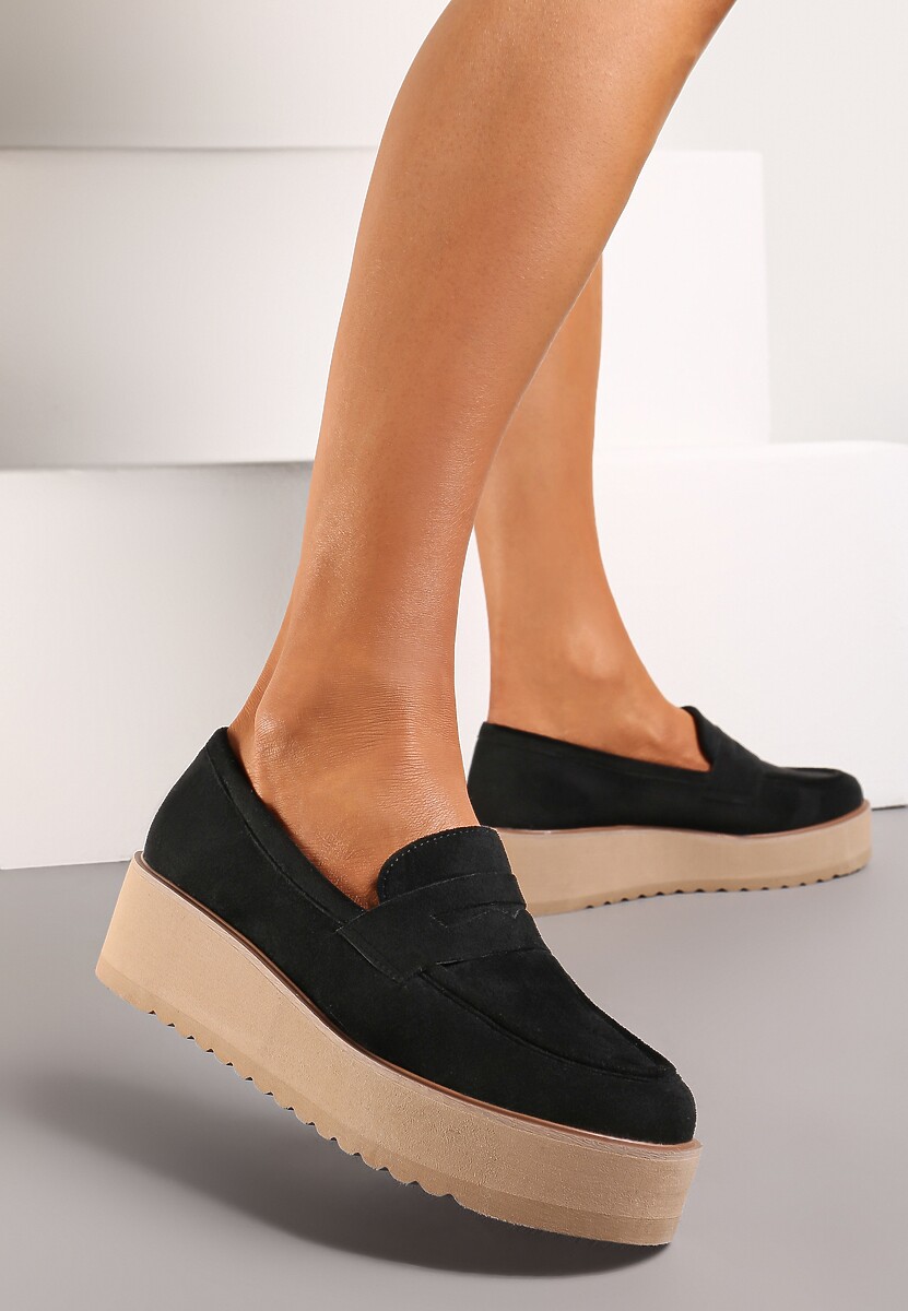 Czarne Półbuty w Stylu Mokasynów z Imitacji Zamszu na Platformie Vhisper