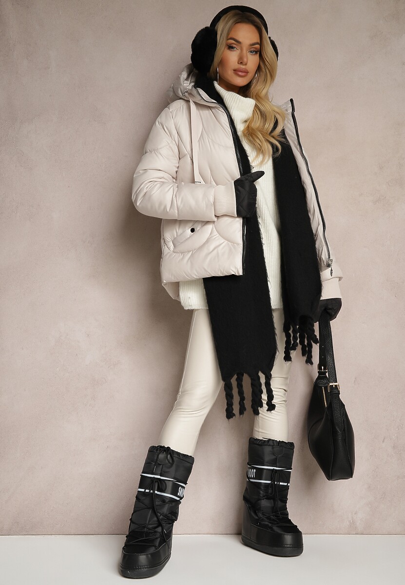 Beżowa Pudełkowa Kurtka z Pikowanymi Przeszyciami i Kapturem Semirielle