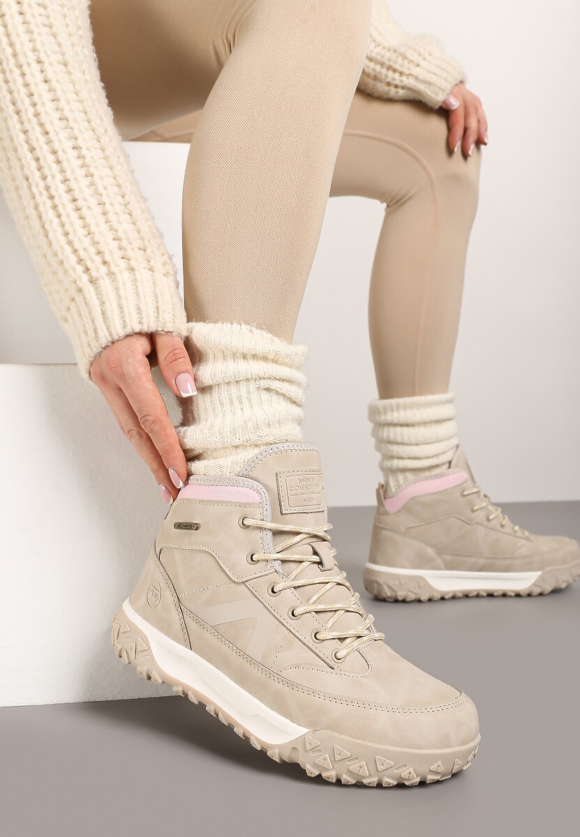 Beżowe Traperki ze Sznurowaniem i Grubą Podeszwą Ellithrina